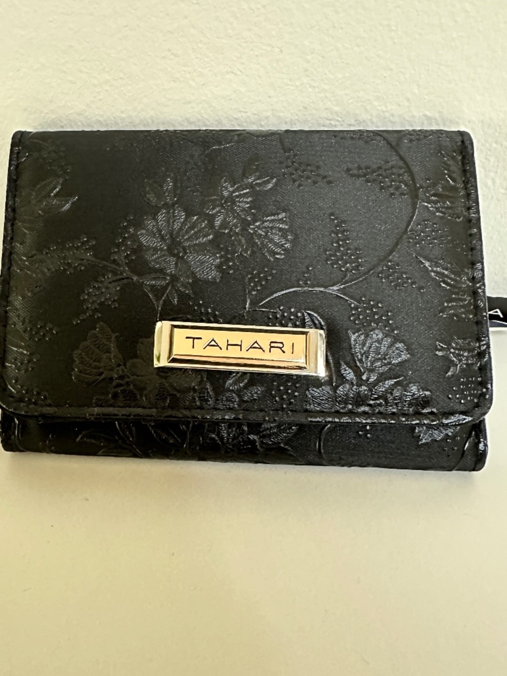 Tahari Wallet Black Floral Identity Protection Faux Leather Small